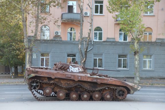 Destroyed tank in the city of Mykolaiv, Ukraine